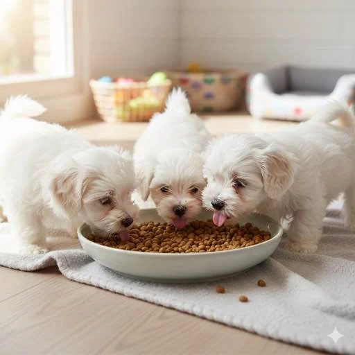 Puppy's eten brokjes hondenvoeding