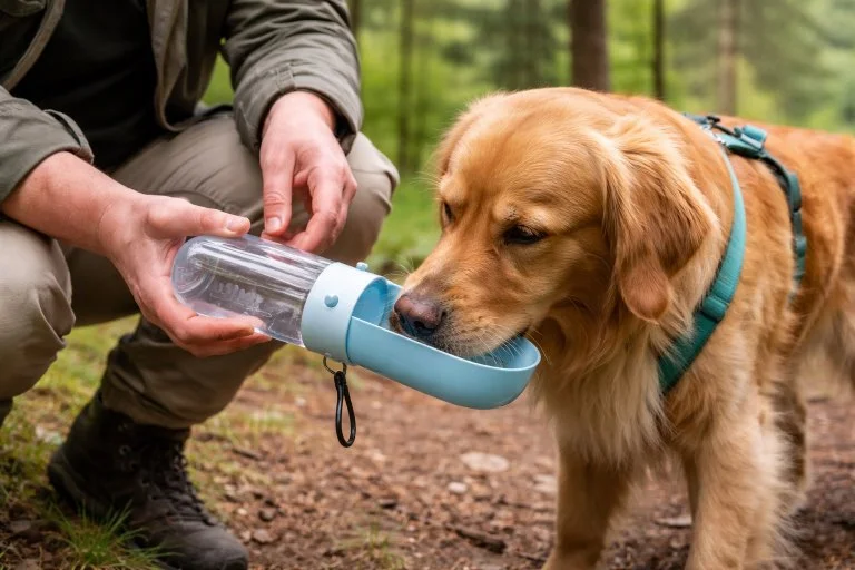 Hond drinkt uit honden waterfles