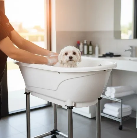 Hond wordt gewassen in hondenbadje